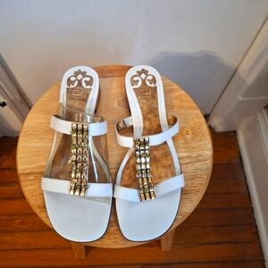 Circa Joan & David Sandals Genuine Leather T Strap White And Gold